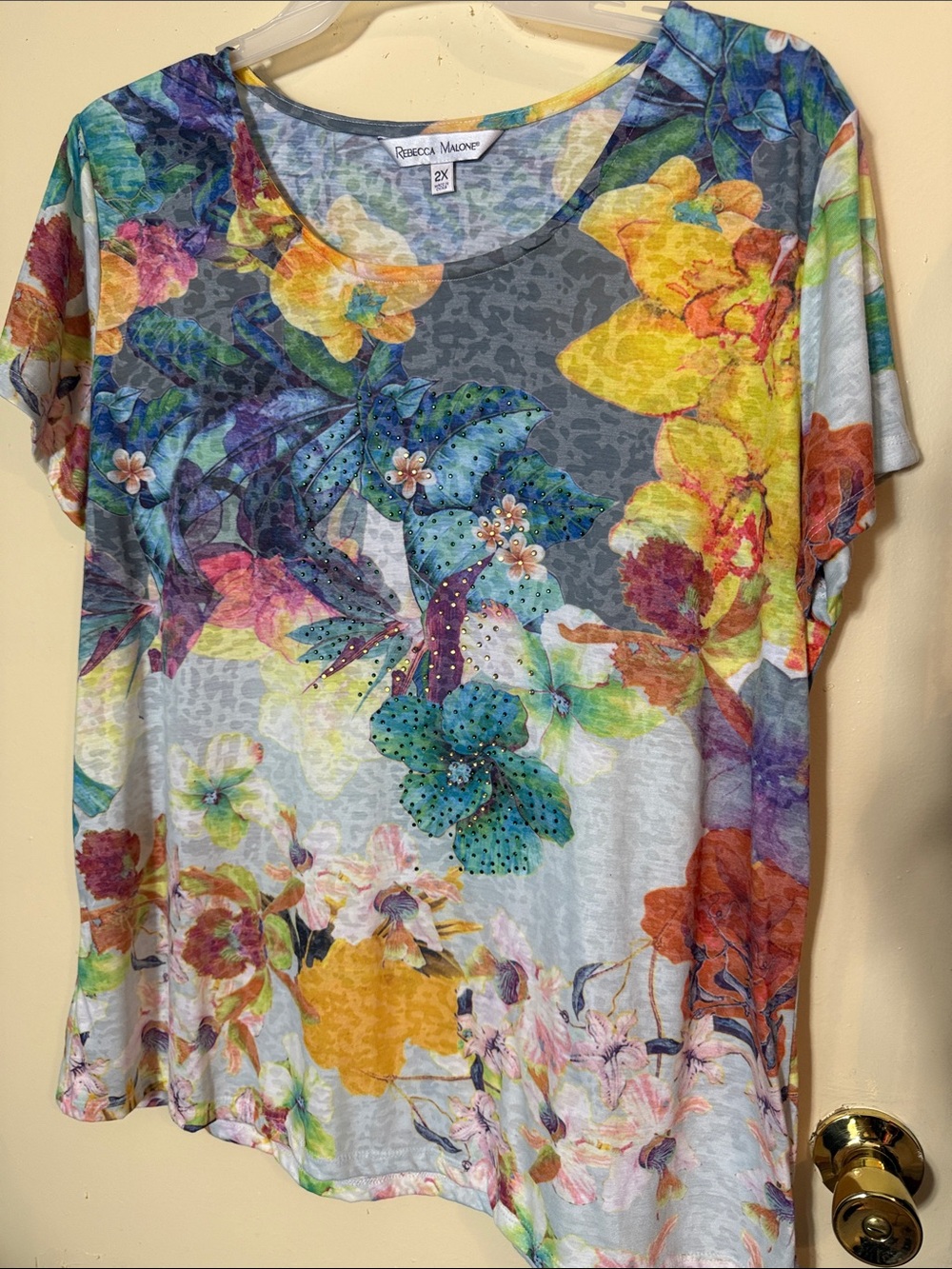 Rebecca Malone Multicolor Floral Short Sleeve Tee - Gray Base